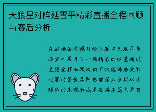 天狼星对阵延雪平精彩直播全程回顾与赛后分析